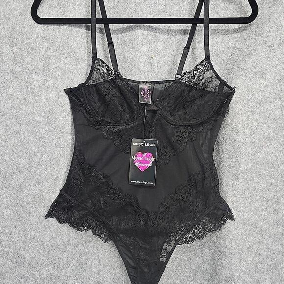 Music Legs Lingerie Women OS Black Flower‎ Lace Back Mesh Teddy, Underwire Cups - Picture 1 of 12